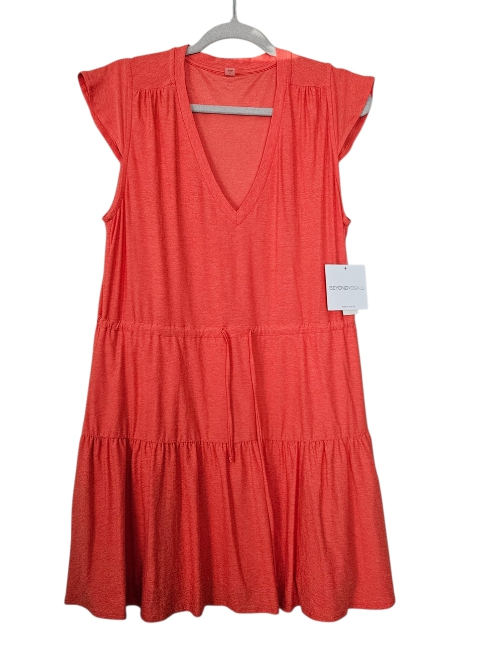 NWT Beyond Yoga Featherweight Out And About Coral V-Neck Tiered Dress Size L